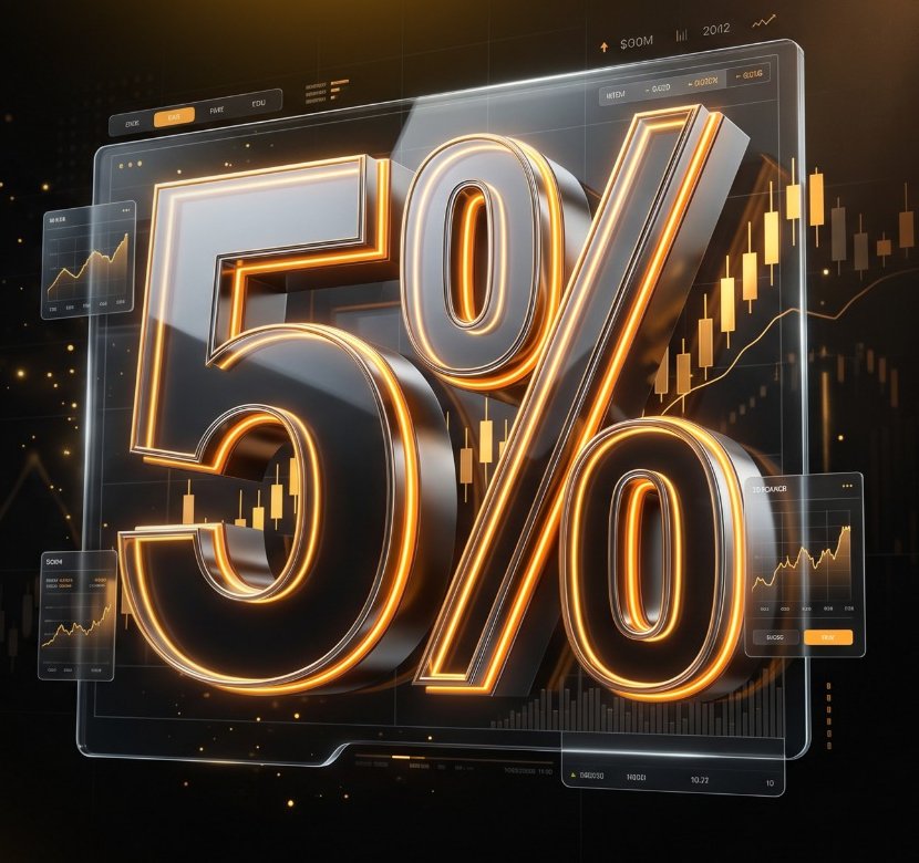 3D 5% figure with orange neon glow over trading charts