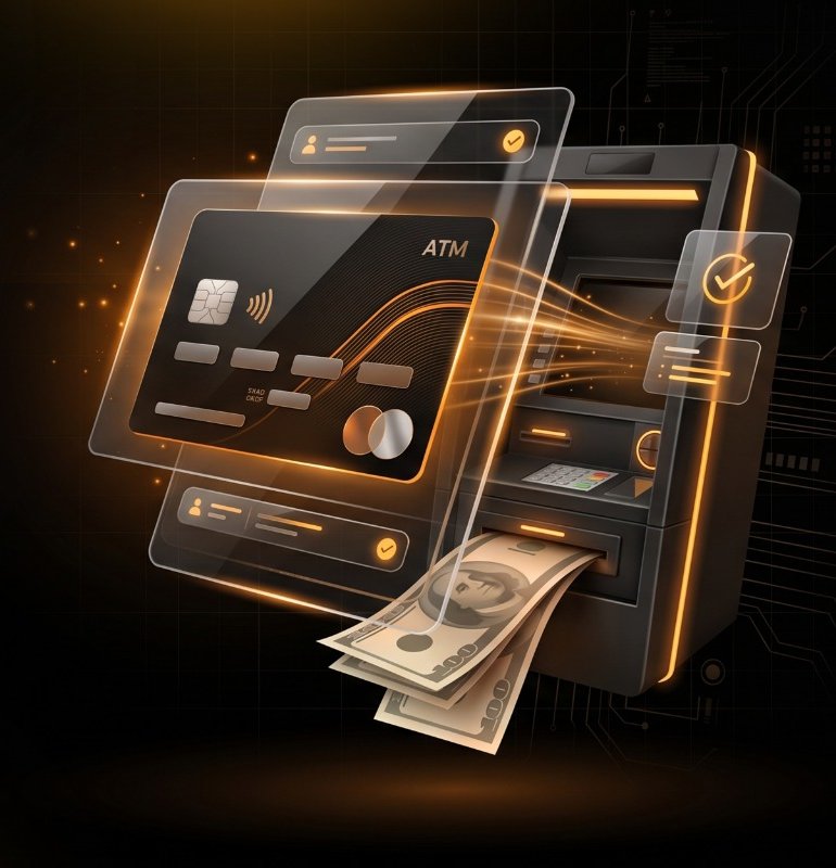 Glass ATM with a black card and cash