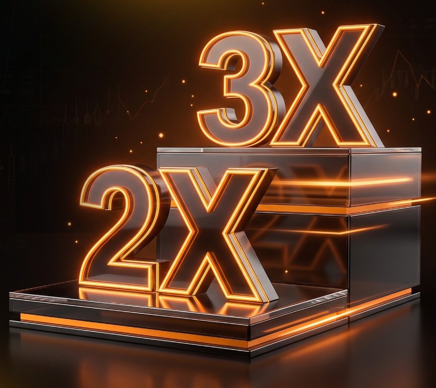 3D 3X and 2X figures on a glowing podium